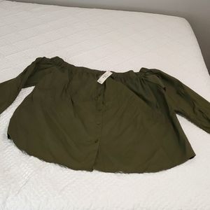 Ashley Stewart Green khaki off shoulder top